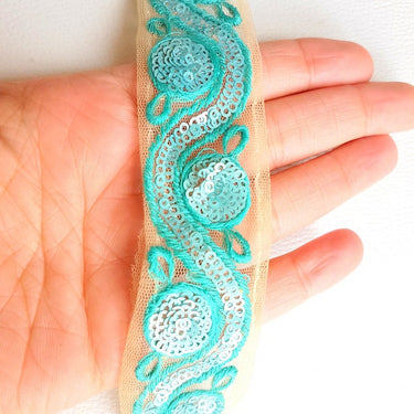 Beige Net Lace Trim With Blue Embroidery And Sequins, Approx. 35mm wide